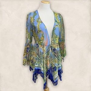 NEW NWOT UMGEE Tie Front Paisley Fringed Kimono S